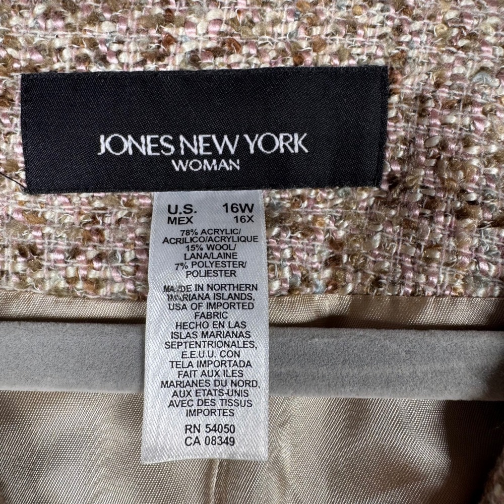 Jones New York Woman Tweed Blazer Jacket Brown Pink Tan Wool Blend Size 16W - Picture 7 of 9